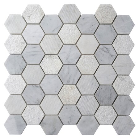 Apollo Tile Harbor Wht, 4.92 sq.ft 11.8 in. X12 in. Txtrd Carrara Hexagon Mrbl Msic Tile, 5PK APLBL9901CAEC06